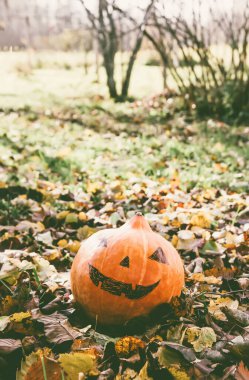 Sonbahar parkında sonbahar yapraklı komik Cadılar Bayramı balkabağı.