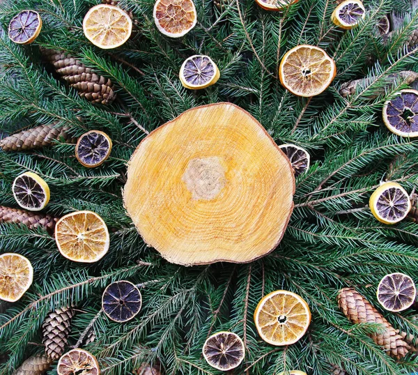 绿色冷杉树枝上的木片 用干橙片和球果装饰 圣诞及新年佳节佳节作文 — 图库照片
