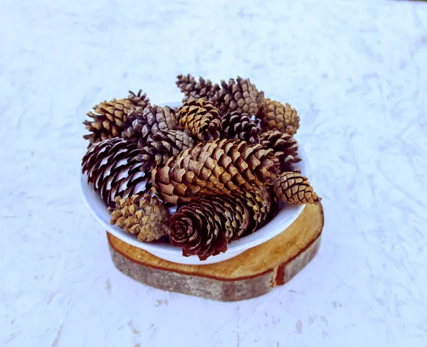Fir Tree Pine Cones Decorated Golden Paints Wood Slice Vintage — Stock Photo, Image