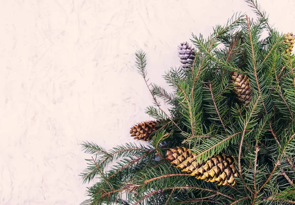 圣诞作文 用冷杉树枝装饰 白色的 陈腐的木制背景装饰着金色的彩绘圆锥 新年佳节设计样板 — 图库照片