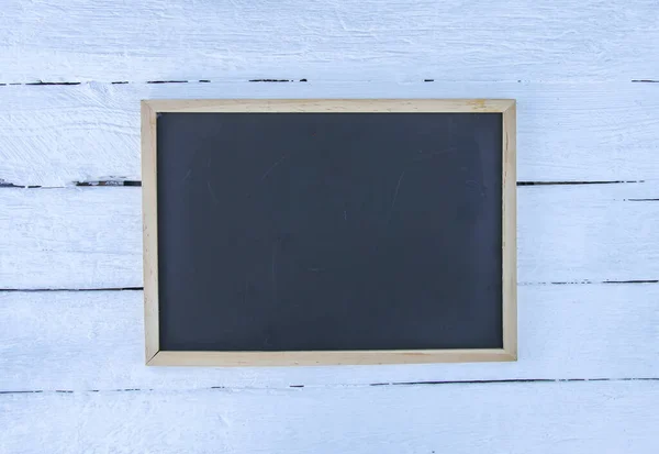 Empty Chalkboard Frame White Aged Wooden Background — 스톡 사진