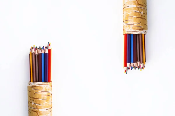 Colored Pencils Handmade Birch Bark Organiser White Background Back School — 스톡 사진