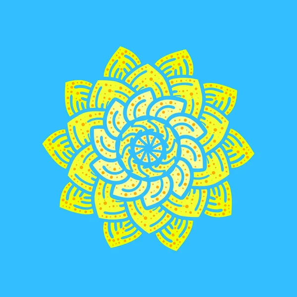 Design Mandala Abstrato Forma Floral Amarela Fundo Azul Brilhante Padrão — Vetor de Stock