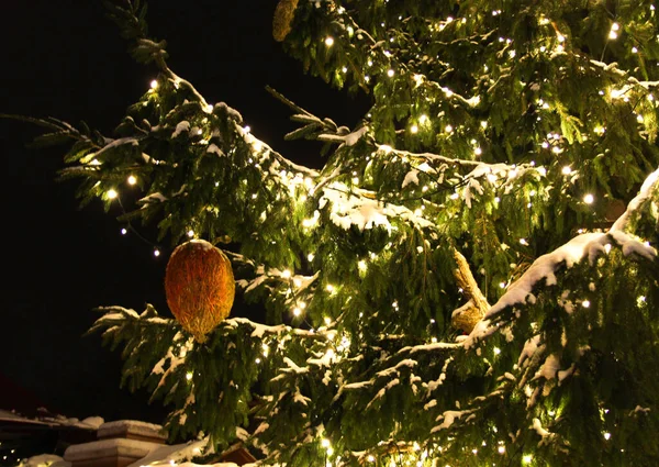 Escenario Navideño Decorado Con Hir Tree Cubierto Nieve Por Noche —  Fotos de Stock