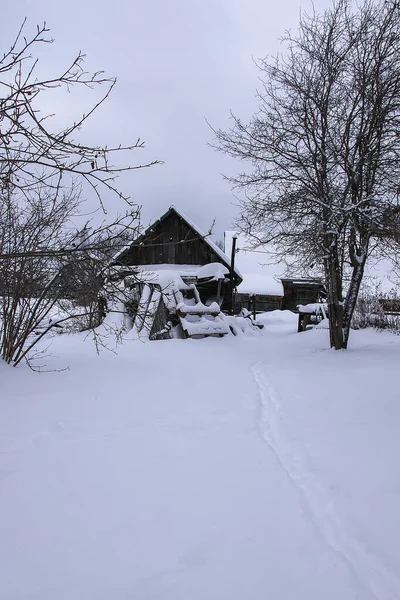 Vinterlandskap Landet Med Gamla Trähusen Landet — Stockfoto