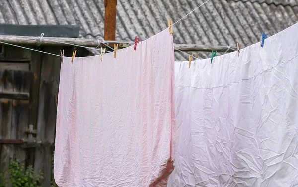 Freshly Washed Bed Linen Hanging Rope Outdoors Clothes Drying Rural — Stock Photo, Image