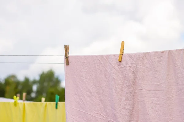 Freshly Washed Bed Linen Hanging Rope Outdoors Clothes Drying Rural — Stock Photo, Image