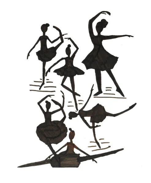 Handgezeichnete Ballerinen Schwarze Silhouetten Tanzender Mädchen — Stockfoto