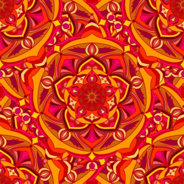 Elle çizilmiş mandalalarla soyut, pürüzsüz desen. Renkli süslemeli etnik motifler.