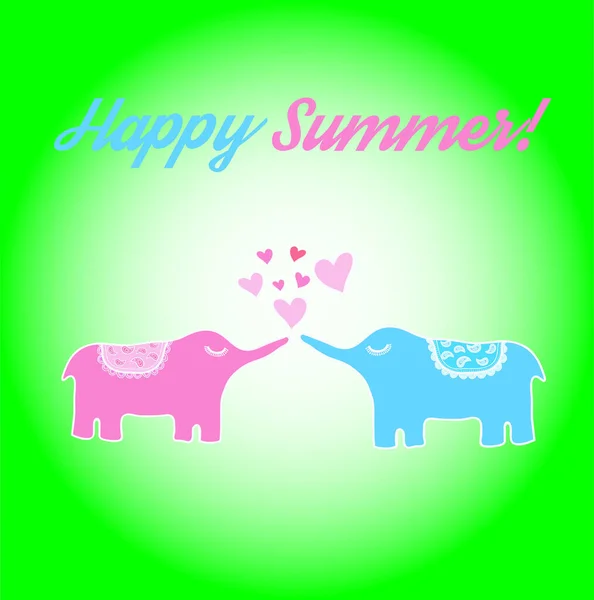 Happy Summer Card Two Funnu Elephants Hearts Green Blurred Background — 스톡 벡터