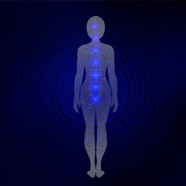 Renkli arkaplanda çakra sembolleri olan noktalı kadın silueti.