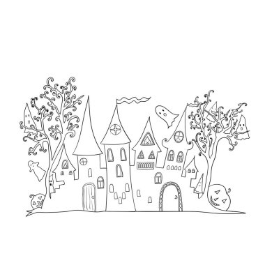 Perili ev, ağaçlar ve sevimli hayaletlerle Cadılar Bayramı geçmişiniz kutlu olsun. Boyama kitabı sayfası, reklam, kart, broşür, poster için vektör illüstrasyonu.