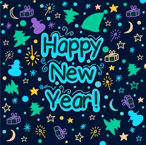 Šťastný Nový Rok Karta Různými Dekorativními Čmáranice Prvky Dárkové Krabice — Stockový vektor