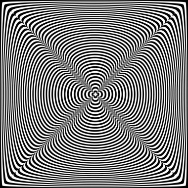 Soyut bükülmüş siyah beyaz simetrik arka plan. Çarpık yüzeyin optik yanılsaması. Bükülmüş çizgiler.