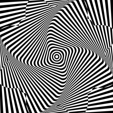 Soyut çarpık siyah beyaz arka plan. Çarpık yüzeyin optik yanılsaması. Kıvrık çizgiler. Radyal desen.
