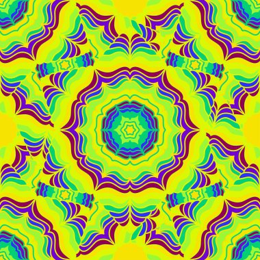 Kusursuz dekoratif arka plan. Gökkuşağı çiçekli mandalalar. Parlak desen. Web, baskılar, kartlar için klasik dekoratif öğeler. Süsleme motifleri.