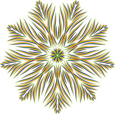 Soyut biçimlendirilmiş mandala deseni. Yuvarlak dekoratif süs tasarımı. Renkli dantelli kar tanesi.