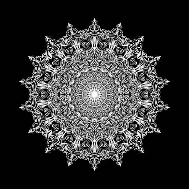 Soyut mandala. Yoga minderi, kapak, duvar halısı, poster, baskı ve davetiyeler için dekoratif tasarım öğesi. Daire şeklinde süsleme. Yuvarlak desen. Hintli, Türk, Arap motifleri. Parlak etnik arabesk.