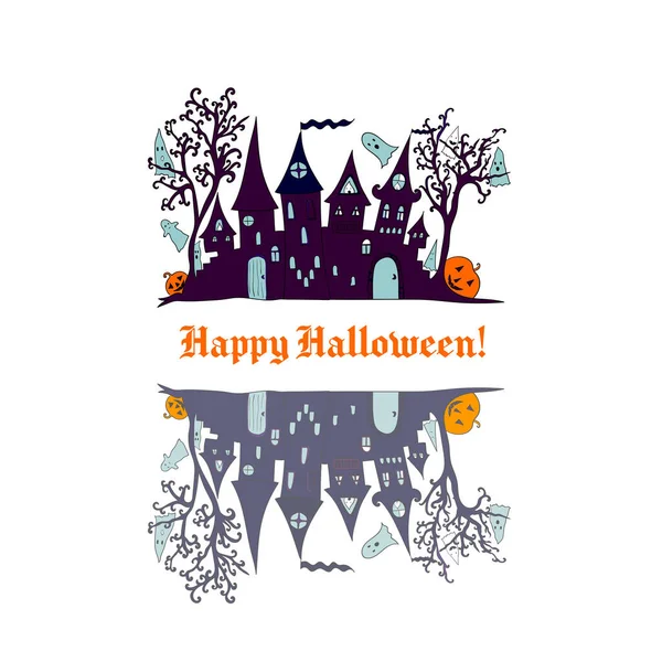 Felice Sfondo Halloween Con Casa Infestata Alberi Fantasmi Carino Illustrazione — Vettoriale Stock