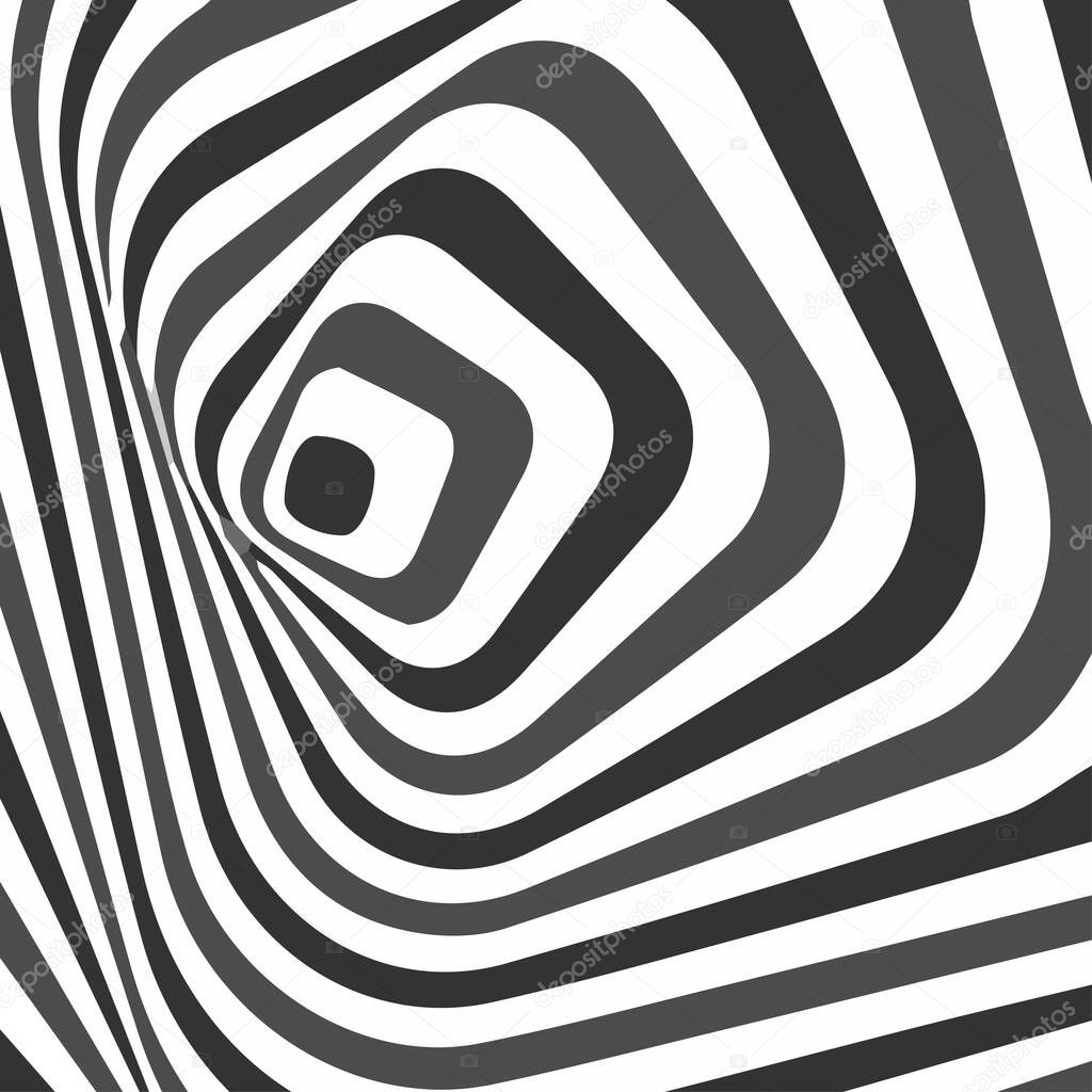 Abstract twisted black and white background. Optical illusion of distorted surface. Twisted stripes. Stylized 3d texture. Vector illustration.