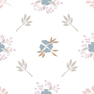 Çiçekler ve yapraklarla kusursuz desen. Botanik element ışık arkaplanı. Duvar kağıdı, ağ, tekstil, kırtasiye için renkli desen.