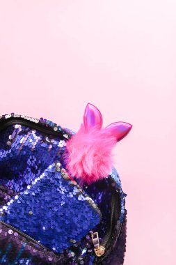 Moda aksesuarlarının parlak kompozisyonu. Pırıl pırıl pullar, not defteri ve süslü kalemler. Yumuşak pastel arka planda farklı nesneler. Düz yatış, üst görünüm.