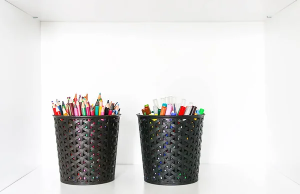 Colored Pencils Black Organisers White Shelf Background Home Storage Organization — Stock Photo, Image