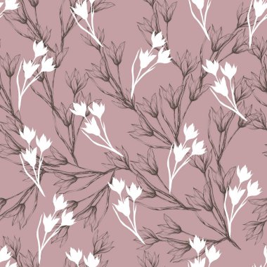 Kumaş için çiçek dokusu. Kırmızı arka planda çiçeklerin ve yaprakların kusursuz süsü. Kumaş, kiremit ve kağıt dekorasyonu için klasik doku.