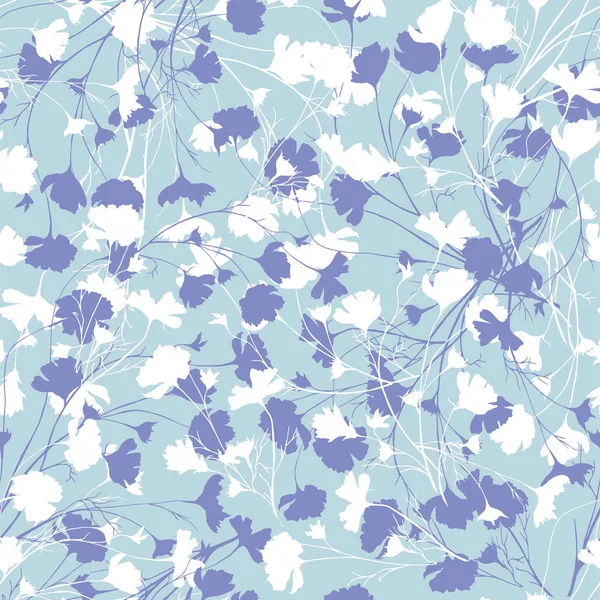 Fondo floral sencillo con flores blancas y azules. Textura floral sin costura dibujada. Adorno azul para decorar telas, textiles, azulejos y papel en la pared . — Vector de stock