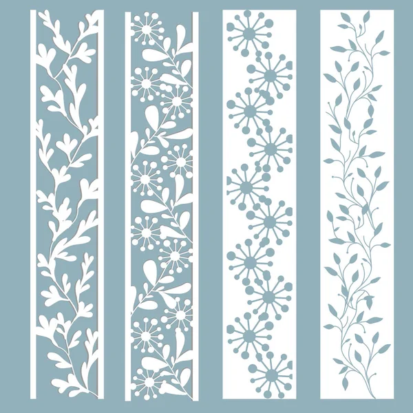 Paneel met een patroon van bladeren en bloemen. Uitgesneden papier. Set bladwijzer sjablonen. Lasersnijden, stencil. — Stockvector