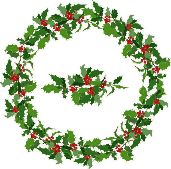 Рождественский венок из зеленых ветвей листьев падуба с красными ягодами на белом фоне. Векторная иллюстрация
.