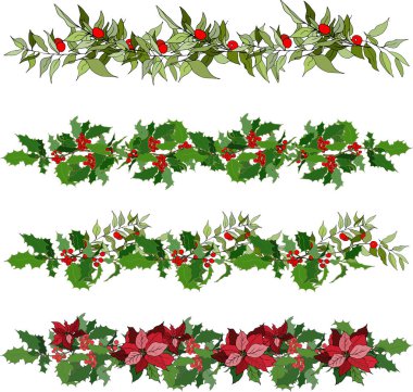 Beyaz bir arka planda ökseotu, kutsal ve noktalı çiçeklerden bir takım Noel süsleri. Çizer için vektör fırçaları.