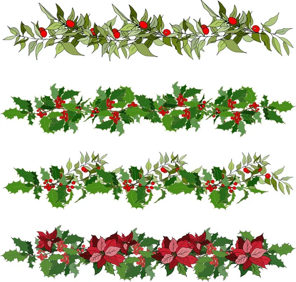 Beyaz bir arka planda ökseotu, kutsal ve noktalı çiçeklerden bir takım Noel süsleri. Çizer için vektör fırçaları.