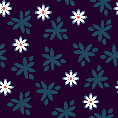 Koyu arkaplanda beyaz papatyalar olan kusursuz çiçek deseni. Dekorasyon için kumaş, fayans ve kağıt vektör süsü.