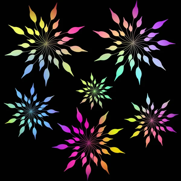 Conjunto de copos de nieve multicolores sobre fondo oscuro. Ilustración brillante del vector para la decoración y el diseño . — Vector de stock