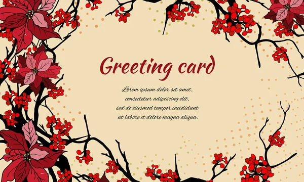 Textrahmen mit roten Blumen auf beigem Hintergrund. Illustration im orientalischen Stil für Glückwünsche und Einladungen. — Stockvektor