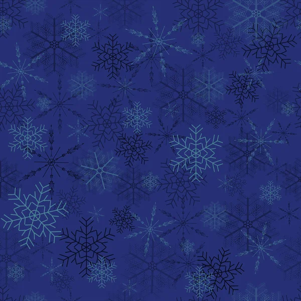 Зимний рисунок снега, бесшовная текстура со снежинками на синем фоне . — стоковый вектор
