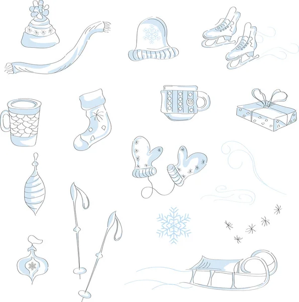 Conjunto de utensílios de inverno, mitenes, patins, copos e bastões de esqui. Ilustração vetorial de elementos de contorno sobre um fundo branco . — Vetor de Stock