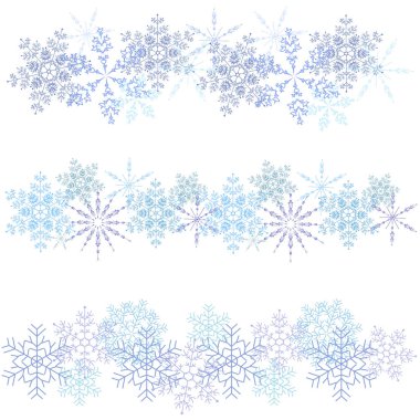 Beyaz arka planda kar tanelerinin kış süslemeleri. Ressam için vektör fırçaları. Kış düzeni.