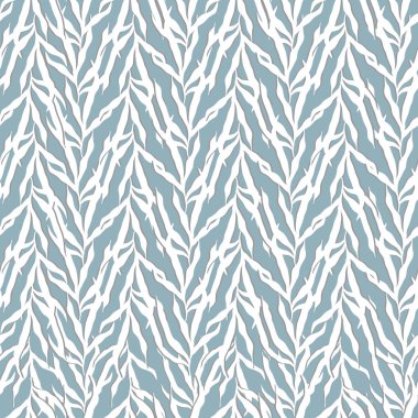 Mavi arka planda beyaz yaprakların kusursuz tekstil deseni. Duvardaki kumaş, fayans ve duvar kâğıdı için klasik ekran dokusu.
