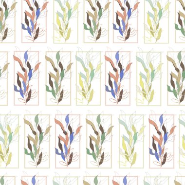 Beyaz arka planda bitkiler olan hafif tekstil deseni. Duvardaki kumaş, kiremit ve duvar kağıtları için vektör illüstrasyonu.