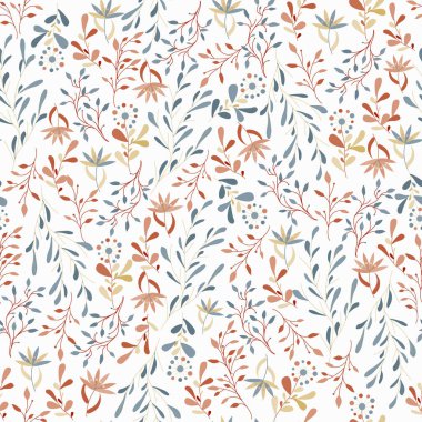 Kumaş için hafif çiçek deseni. Beyaz arka planda küçük çiçeklerden oluşan kusursuz İskandinav tarzı bir süs. Kumaş, kiremit, kağıt için tekstil deseni.