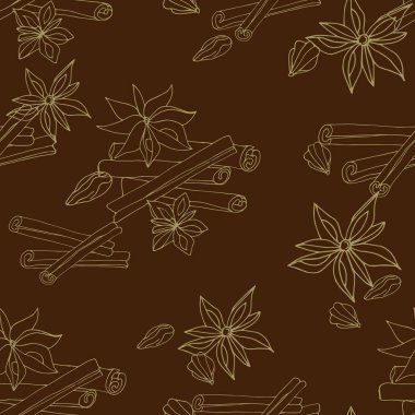 Kahverengi arka planda anasonlu yıldızların ve tarçınların kusursuz deseni. Kumaş, kiremit ve kağıt için özet çizim.