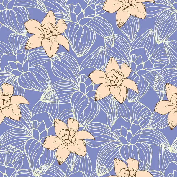 Padrão sem costura floral de luz, flores de contorno em um fundo roxo. Ilustração vetorial para tecido, azulejo, papel . —  Vetores de Stock