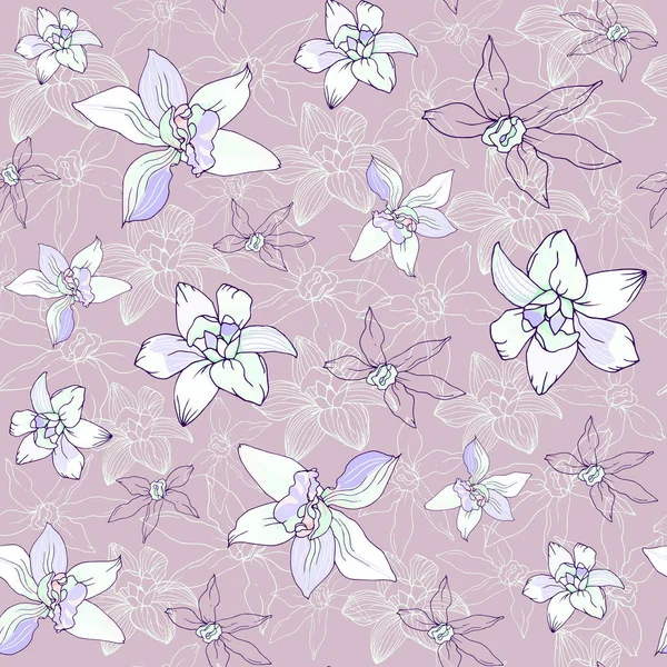 Nahtloses Textilmuster aus zarten tropischen Blumen auf violettem Hintergrund. Vektor-Illustration für Stoff für Stoff, Papier und Fliesendekoration. — Stockvektor