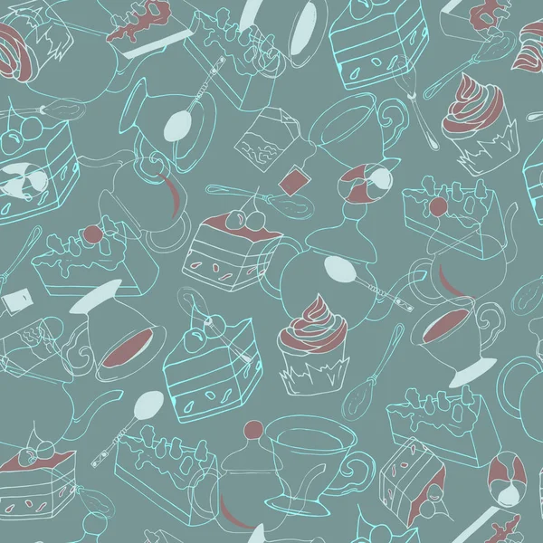 Nahtlose Muster von Konturbonbons und Küchengeräten. Vektor-Illustration von Tassen, Löffeln, Cupcakes und Gebäck für Stoff, Fliesen, Papier. — Stockvektor