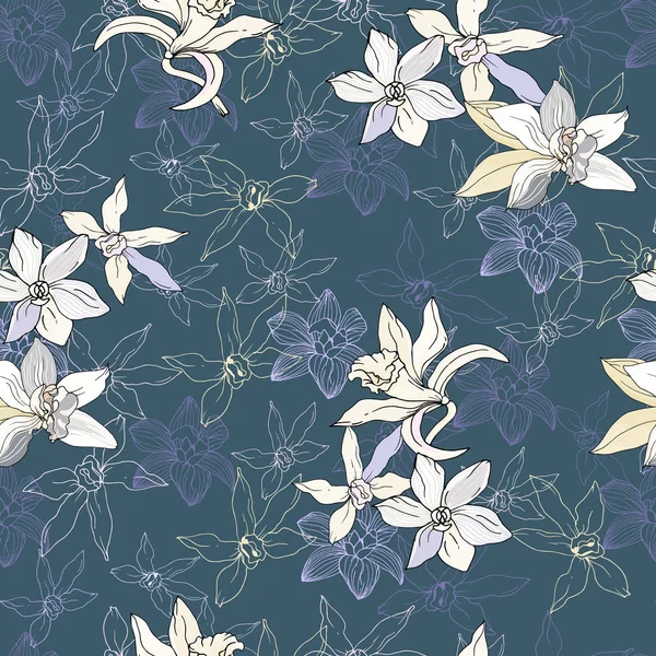Blumenmuster für Stoff. gezeichnete tropische Blumen auf blauem Hintergrund. Vektorgeometrisches nahtloses Muster. — Stockvektor