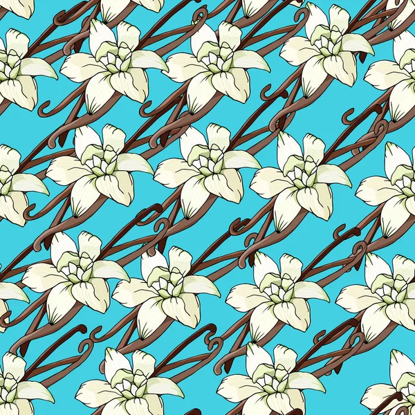 Helder bloemmotief van witte bloemen op een blauwe achtergrond. Vector illustratie van tropische bloemen, vanille, orchidee. — Stockvector
