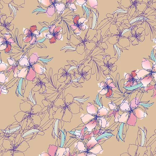 Blommig akvarell mönster för tyg. Sömlös prydnad av rosa blommor på en brun bakgrund. Vintage textur för att dekorera tyg, kakel och papper. — Stock vektor