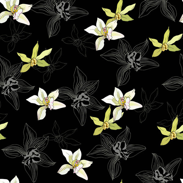 Floral pattern of white flowers on a dark background. Seamless vector illustration of vanilla, orchid for fabric, tile, paper.